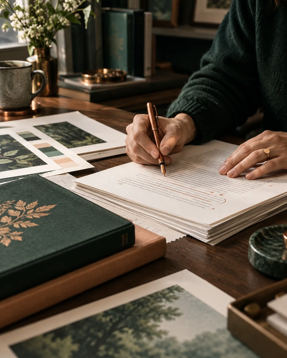 An editor carefully marking a manuscript beside clothbound books