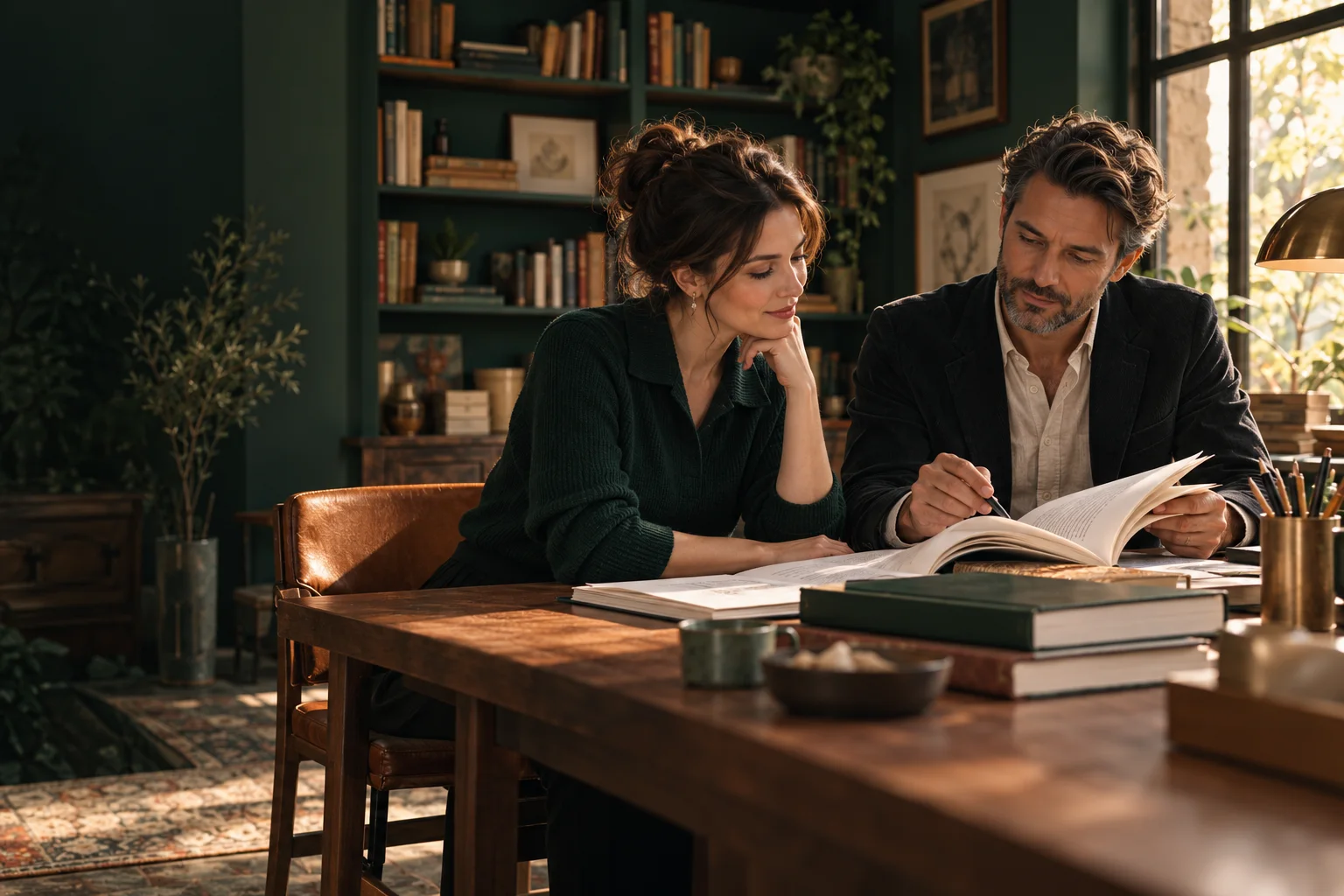 An author and editor reviewing a book together in a refined publishing studio