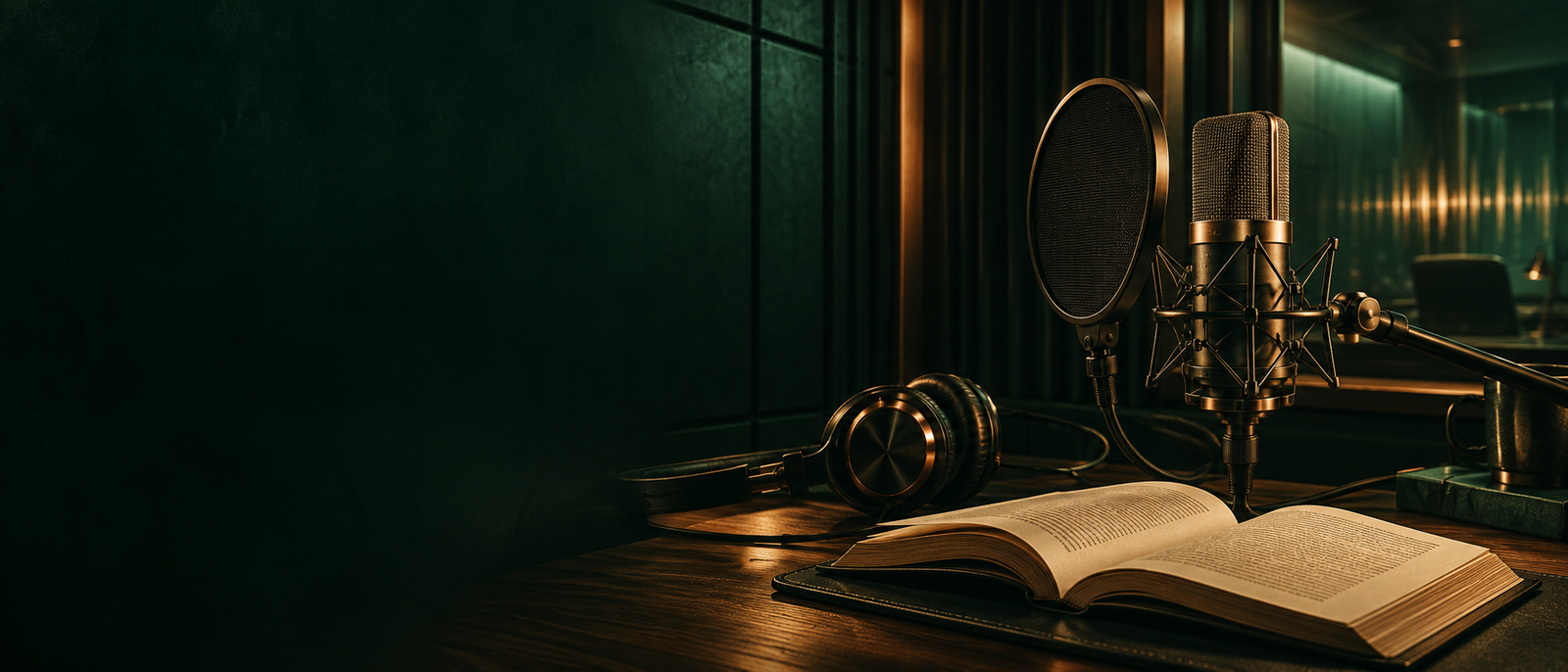 A cinematic professional audiobook recording studio with microphone, headphones, and an open manuscript