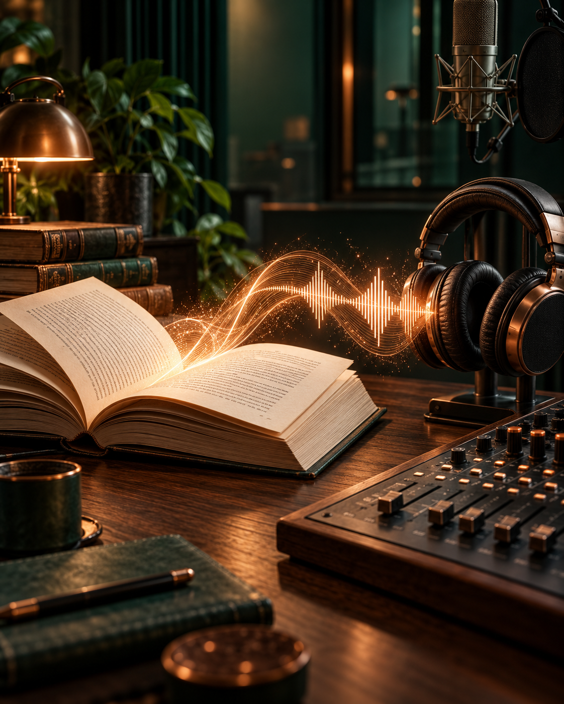 An open manuscript transforming into a glowing audio waveform beside professional studio equipment