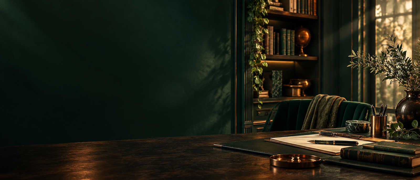 A cinematic forest-green author studio prepared for a custom website project