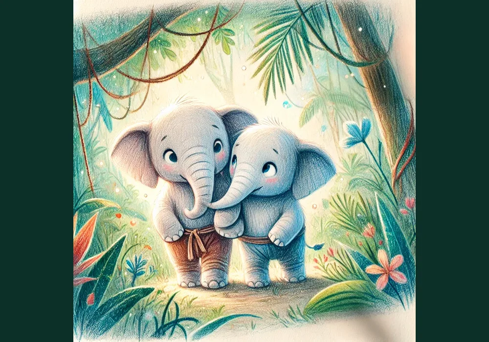 Two illustrated young elephants standing together in a bright jungle