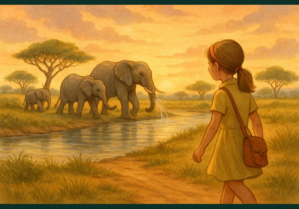 A warm storybook illustration of a young explorer watching elephants at a watering place