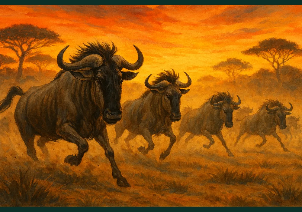 A cinematic illustration of wildebeest moving through a glowing savanna