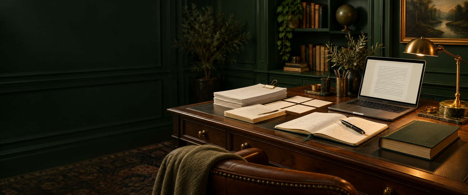 A cinematic author studio with manuscript pages, an outline, notebook, fountain pen, and laptop